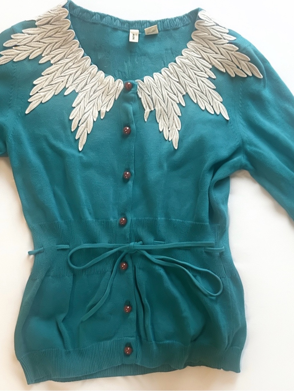 Anthropologie Moth Teal Knit Sweater with White Appliqué